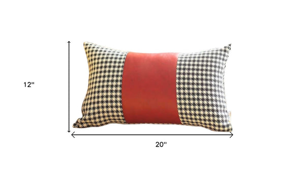 Homeroots Set Of Two 12" X 20" Red Black And White Houndstooth Fabric And Faux Leather Lumbar Throw Pillows   471738