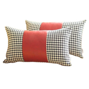 Homeroots Set Of Two 12" X 20" Red Black And White Houndstooth Fabric And Faux Leather Lumbar Throw Pillows   471738