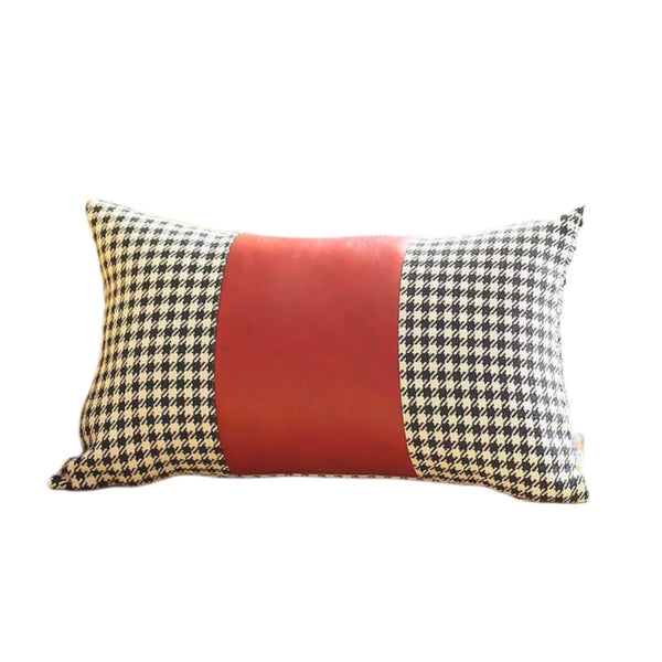 Homeroots Set Of Two 12" X 20" Red Black And White Houndstooth Fabric And Faux Leather Lumbar Throw Pillows   471738