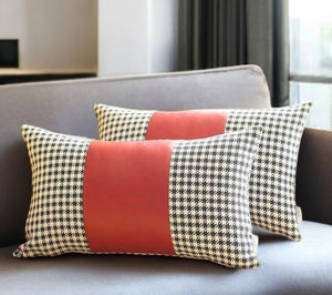 Homeroots Set Of Two 12" X 20" Red Black And White Houndstooth Fabric And Faux Leather Lumbar Throw Pillows   471738