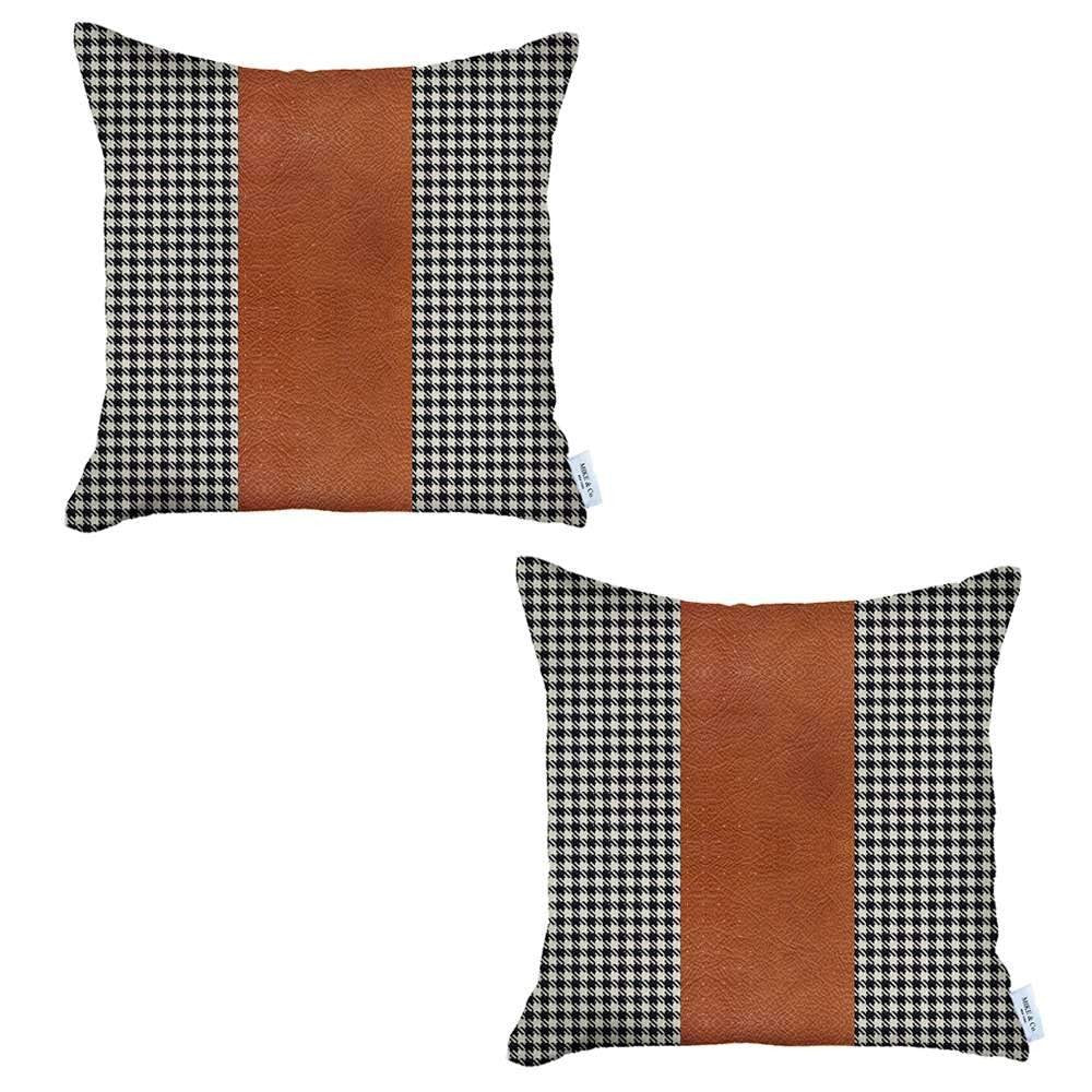 Homeroots Set Of Two 18" X 18" Black And Brown Houndstooth Zippered Handmade Polyester Throw Pillow   471739