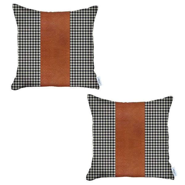 Homeroots Set Of Two 18" X 18" Black And Brown Houndstooth Zippered Handmade Polyester Throw Pillow   471739