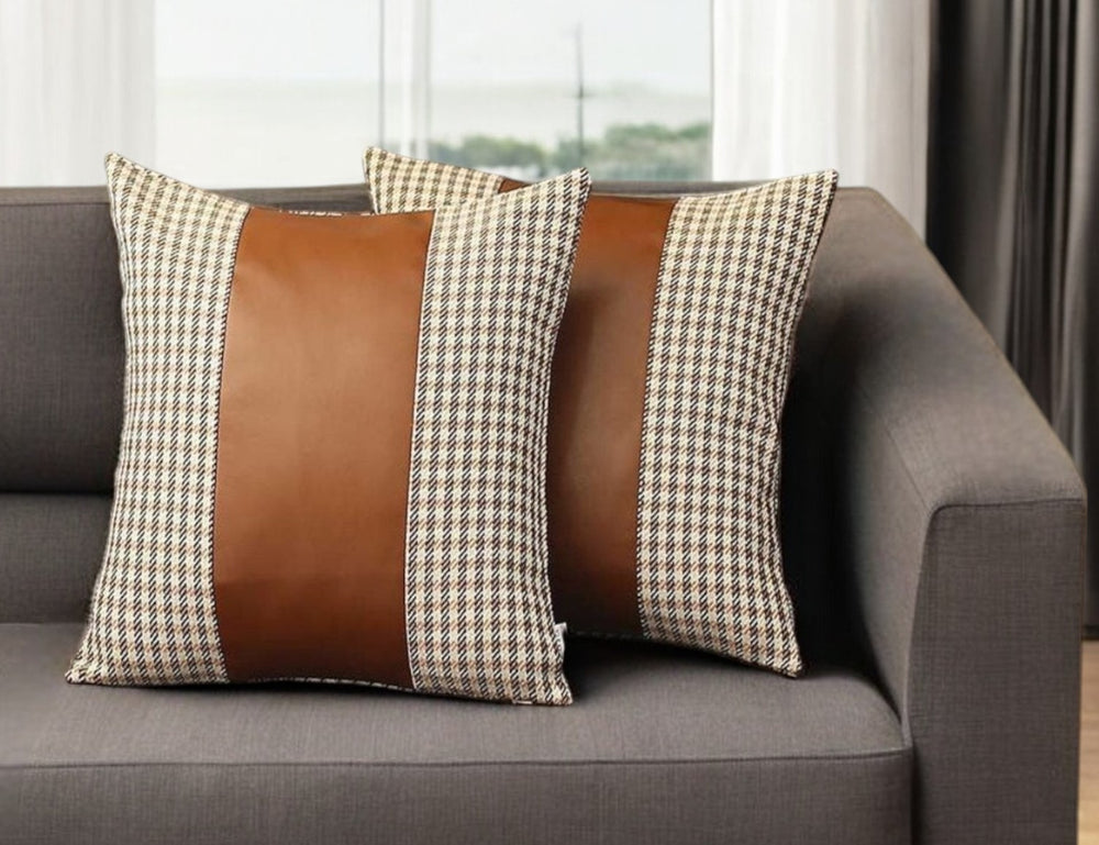Homeroots Set Of Two 18" X 18" Brown Houndstooth Zippered Handmade Polyester Throw Pillow   471740