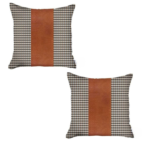 Homeroots Set Of Two 18" X 18" Brown Houndstooth Zippered Handmade Polyester Throw Pillow   471740
