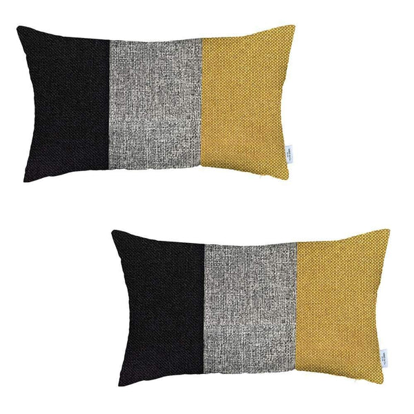 Homeroots Set Of Two 20" X 12" Black And Yellow Geometric Zippered Handmade Polyester Lumbar Pillow   471741
