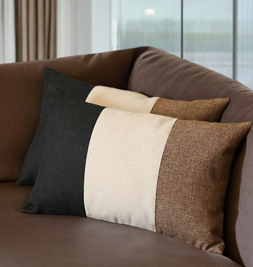 Homeroots Set Of Two 12" X 20" Black Ivory And Brown Color Block Fabric Lumbar Throw Pillows   471743