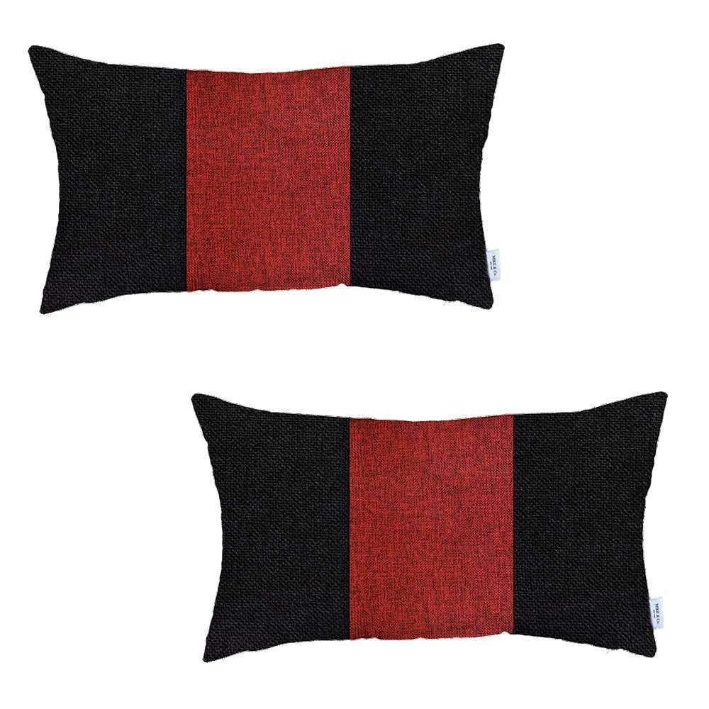 Homeroots Set Of Two 20" X 12" Black And Red Geometric Zippered Handmade Polyester Lumbar Pillow   471746