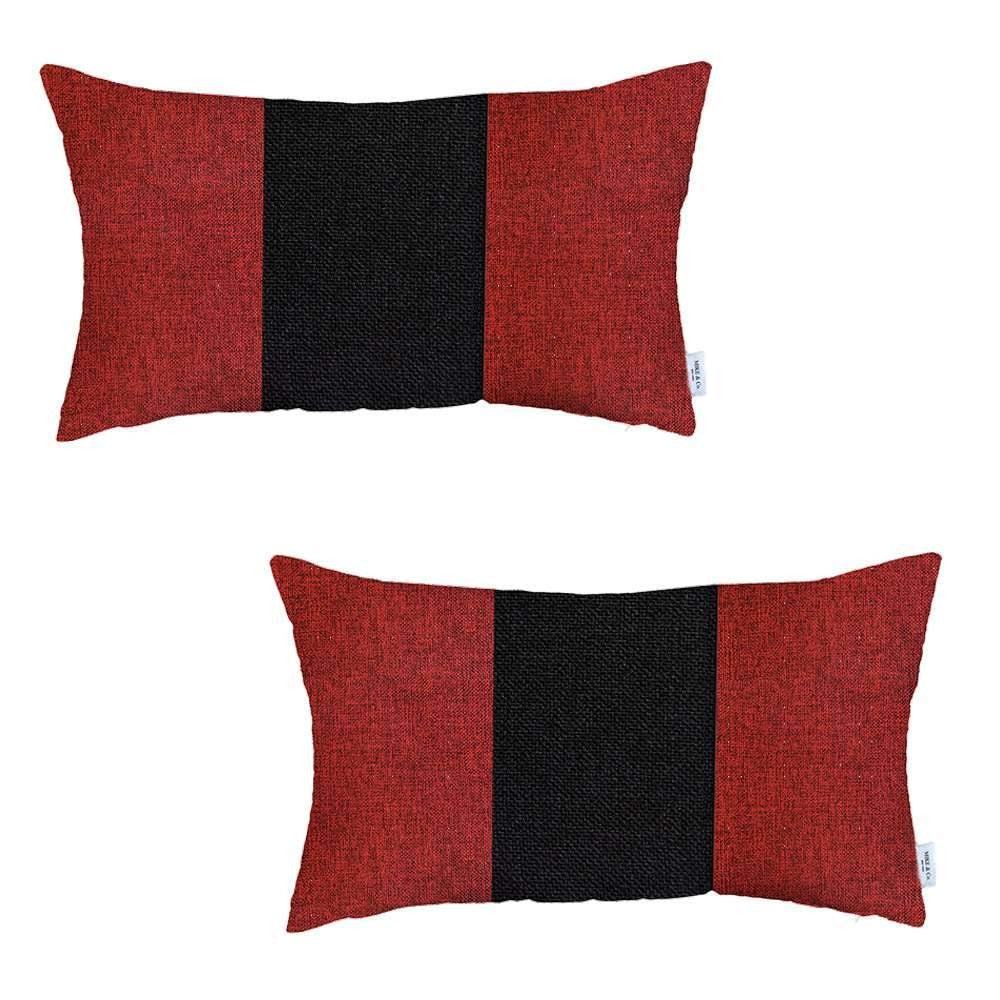 Homeroots Set Of Two 20" X 12" Black And Red Geometric Zippered Handmade Polyester Lumbar Pillow   471747