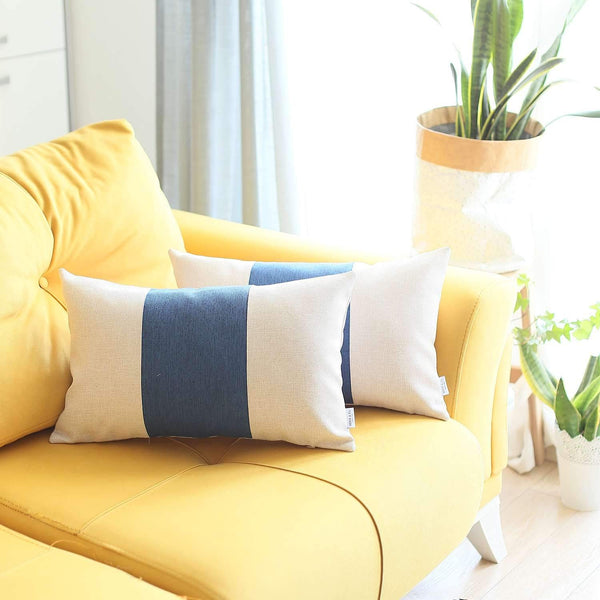 Homeroots Set Of Two 20" X 12" Grey And Blue Geometric Zippered Handmade Polyester Lumbar Pillow   471749