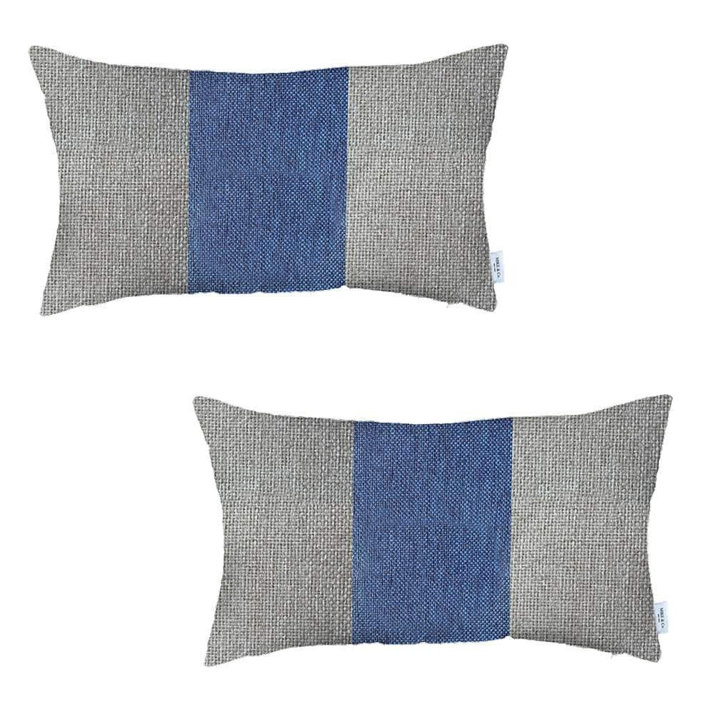 Homeroots Set Of Two 20" X 12" Grey And Blue Geometric Zippered Handmade Polyester Lumbar Pillow   471749
