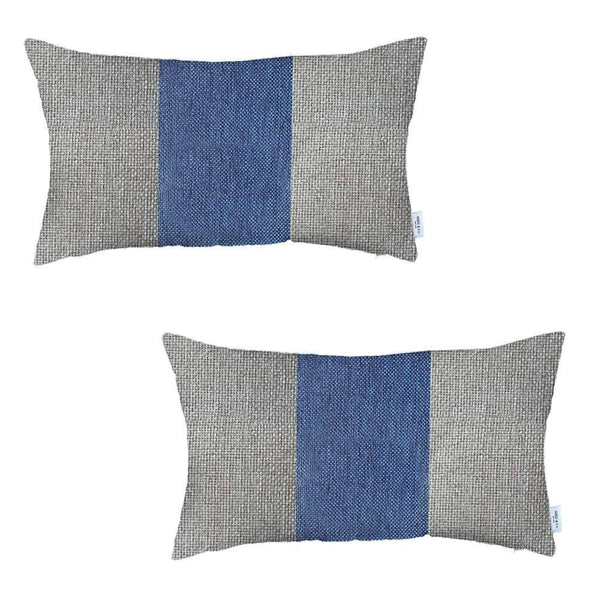 Homeroots Set Of Two 20" X 12" Grey And Blue Geometric Zippered Handmade Polyester Lumbar Pillow   471749