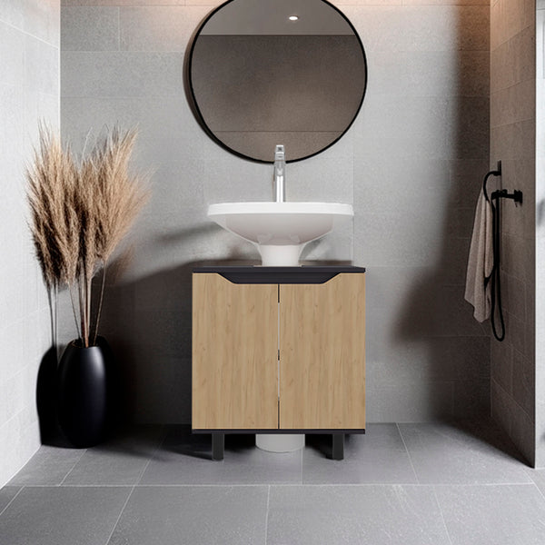 English Elm Under Sink Storage Cabinet with 2 Doors and Shelves — Sleek Oak & Black Wengue Finish for Bathrooms Natural+Black 27.56 L x 25.59 W x 5.12 H B097P395898