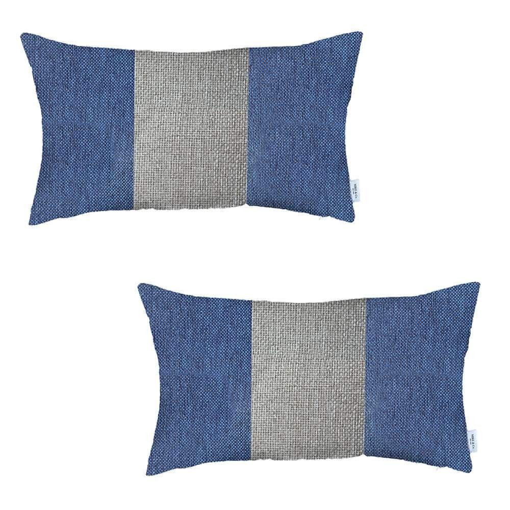 Homeroots Set Of Two 20" X 12" Grey And Blue Geometric Zippered Handmade Polyester Lumbar Pillow   471750