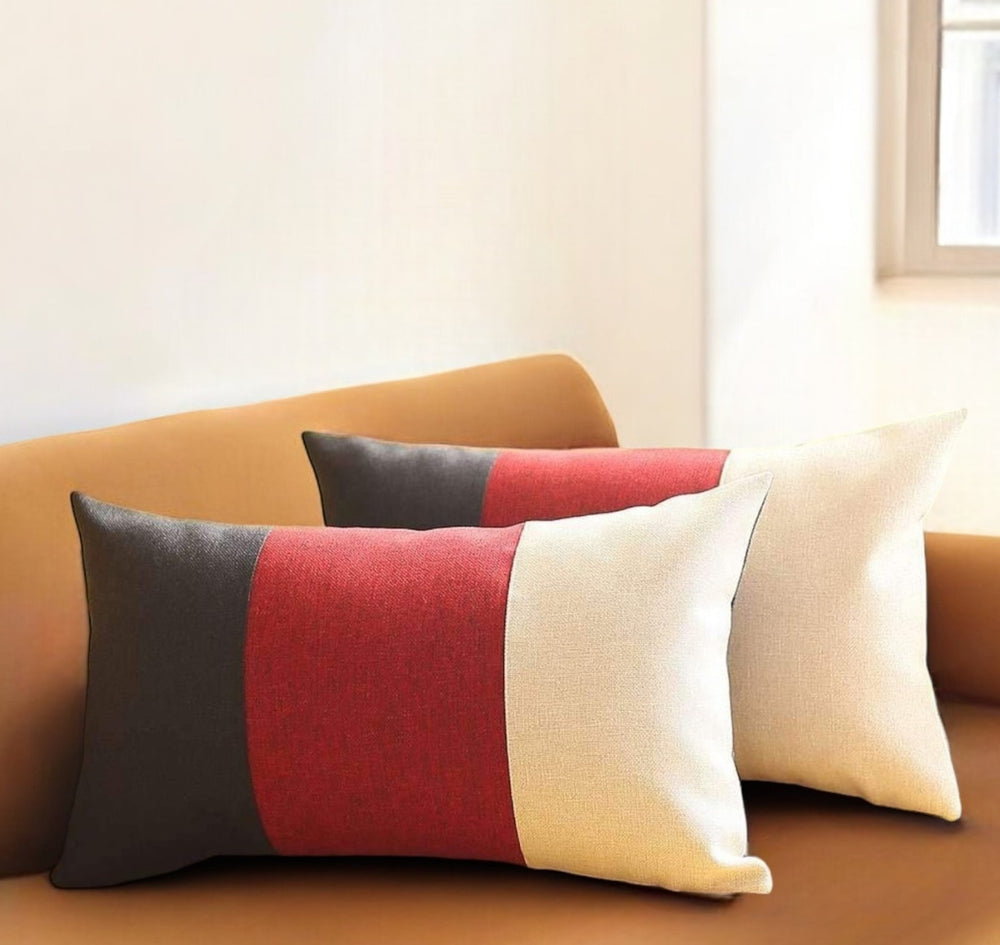 Homeroots Set Of Two 12" X 20" Black Red And Ivory Color Block Fabric Lumbar Throw Pillows   471751