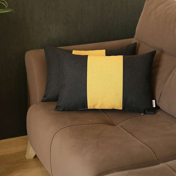 Homeroots Set Of Two 20" X 12" Black And Yellow Geometric Zippered Handmade Polyester Lumbar Pillow   471752