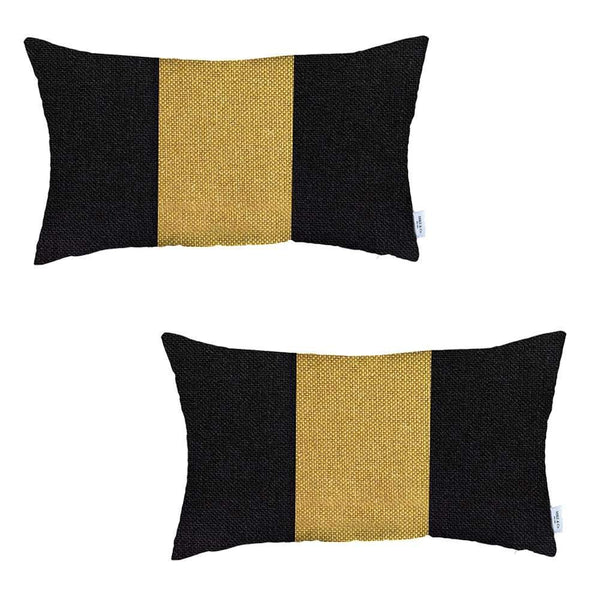 Homeroots Set Of Two 20" X 12" Black And Yellow Geometric Zippered Handmade Polyester Lumbar Pillow   471752