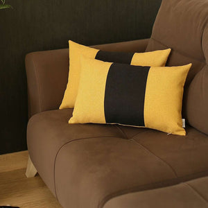 Homeroots Set Of Two 20" X 12" Black And Yellow Geometric Zippered Handmade Polyester Lumbar Pillow   471753
