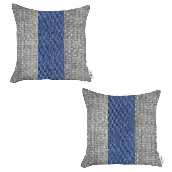 Homeroots Set Of Two 18" X 18" Grey And Blue Geometric Zippered Handmade Polyester Throw Pillow   471764