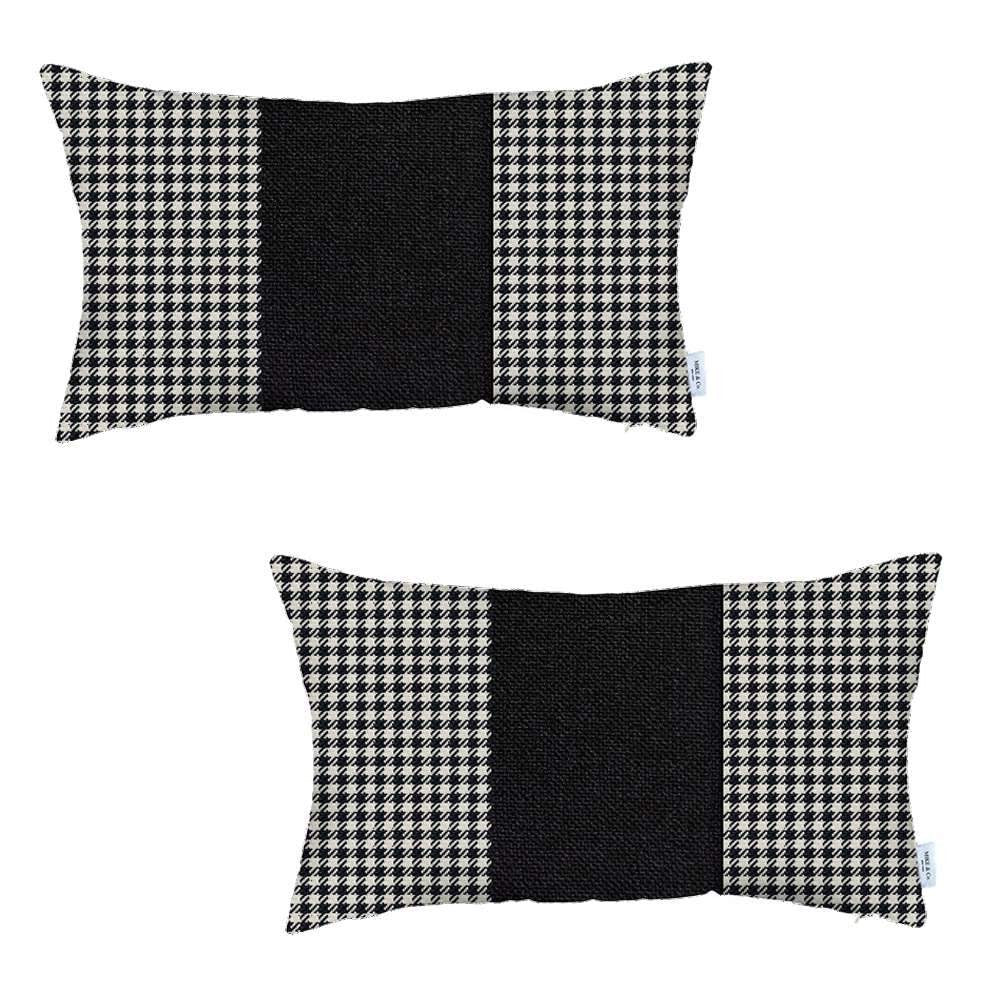 Homeroots Set Of Two 20" X 12" White And Black Houndstooth Zippered Handmade Polyester Lumbar Pillow   471766