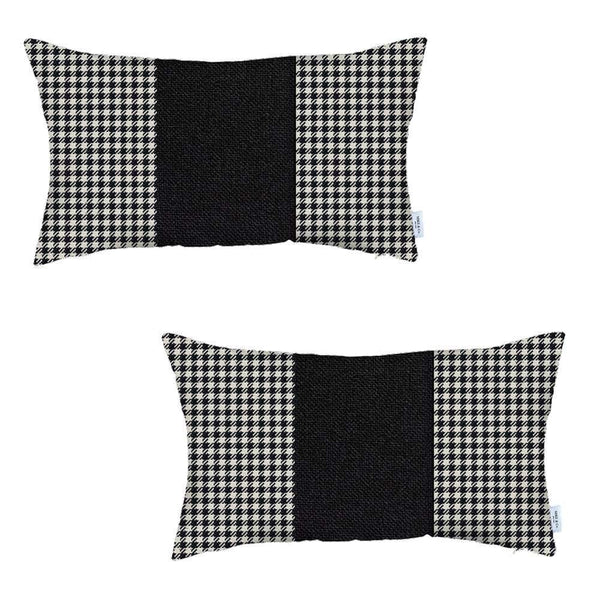 Homeroots Set Of Two 20" X 12" White And Black Houndstooth Zippered Handmade Polyester Lumbar Pillow   471766