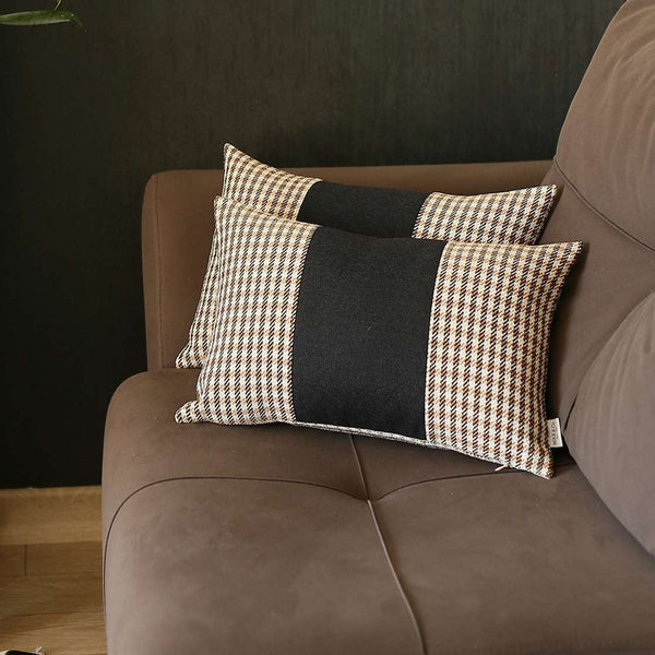 Homeroots Set Of Two 20" X 12" Brown And Black Houndstooth Zippered Handmade Polyester Lumbar Pillow   471767