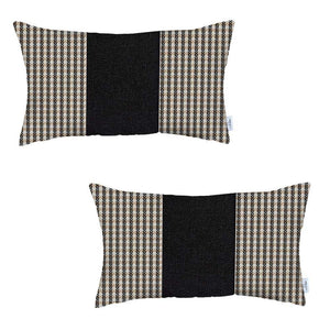 Homeroots Set Of Two 20" X 12" Brown And Black Houndstooth Zippered Handmade Polyester Lumbar Pillow   471767