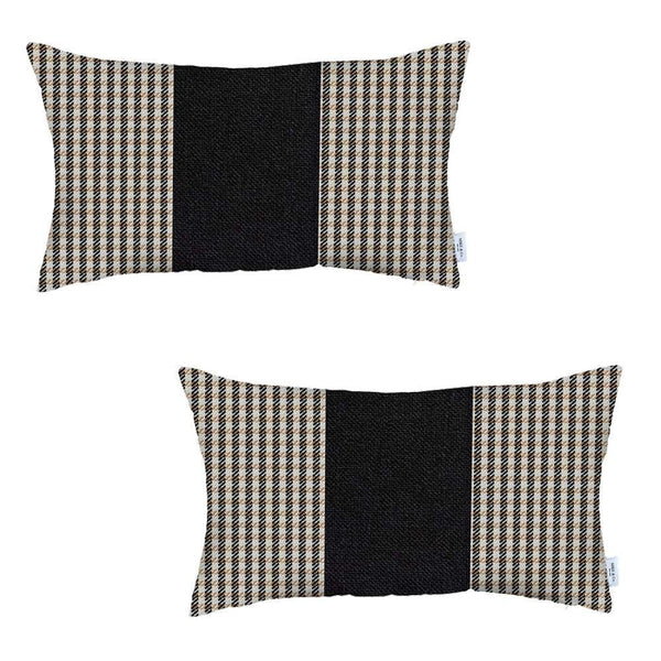 Homeroots Set Of Two 20" X 12" Brown And Black Houndstooth Zippered Handmade Polyester Lumbar Pillow   471767