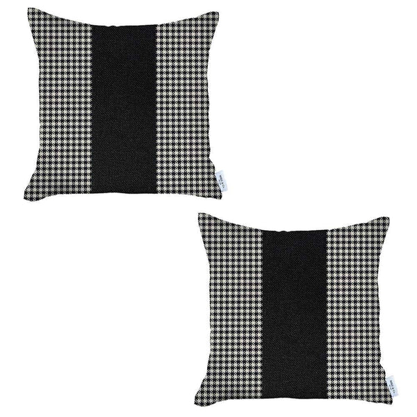 Homeroots Set Of Two 18" X 18" White And Black Houndstooth Zippered Handmade Polyester Throw Pillow   471768