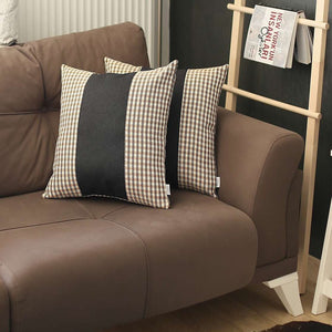 Homeroots Set Of Two 18" X 18" Brown And Black Houndstooth Zippered Handmade Polyester Throw Pillow   471769