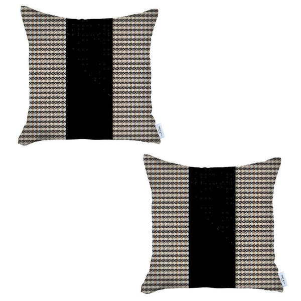 Homeroots Set Of Two 18" X 18" Brown And Black Houndstooth Zippered Handmade Polyester Throw Pillow   471769