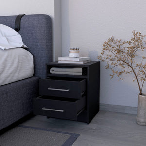 English Elm Wenge Two-Drawer Nightstand with Open Shelf, Smooth-Glide Rails, Durable Melamine, Compact 23.6"H B062P230638