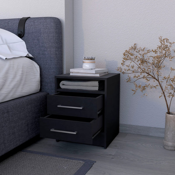 English Elm Wenge Two-Drawer Nightstand with Open Shelf, Smooth-Glide Rails, Durable Melamine, Compact 23.6"H B062P230638