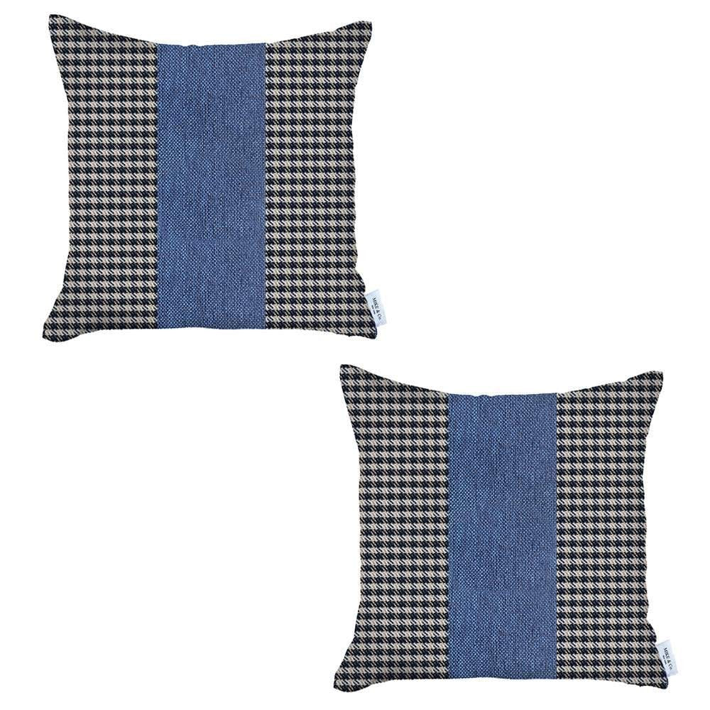 Homeroots Set Of Two 18" X 18" White And Blue Houndstooth Zippered Handmade Polyester Throw Pillow   471770