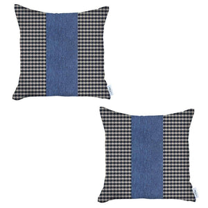 Homeroots Set Of Two 18" X 18" White And Blue Houndstooth Zippered Handmade Polyester Throw Pillow   471770
