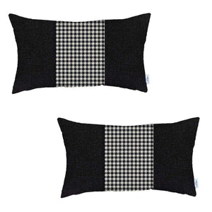 Homeroots Set Of Two 20" X 12" Black And White Houndstooth Zippered Handmade Polyester Lumbar Pillow   471771