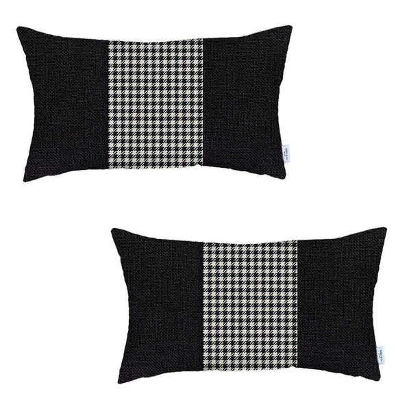 Homeroots Set Of Two 20" X 12" Black And White Houndstooth Zippered Handmade Polyester Lumbar Pillow   471771