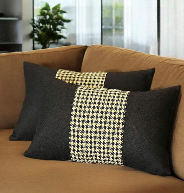 Homeroots Set Of Two 12" X 20" Black And Yellow Houndstooth Fabric Lumbar Throw Pillows   471772