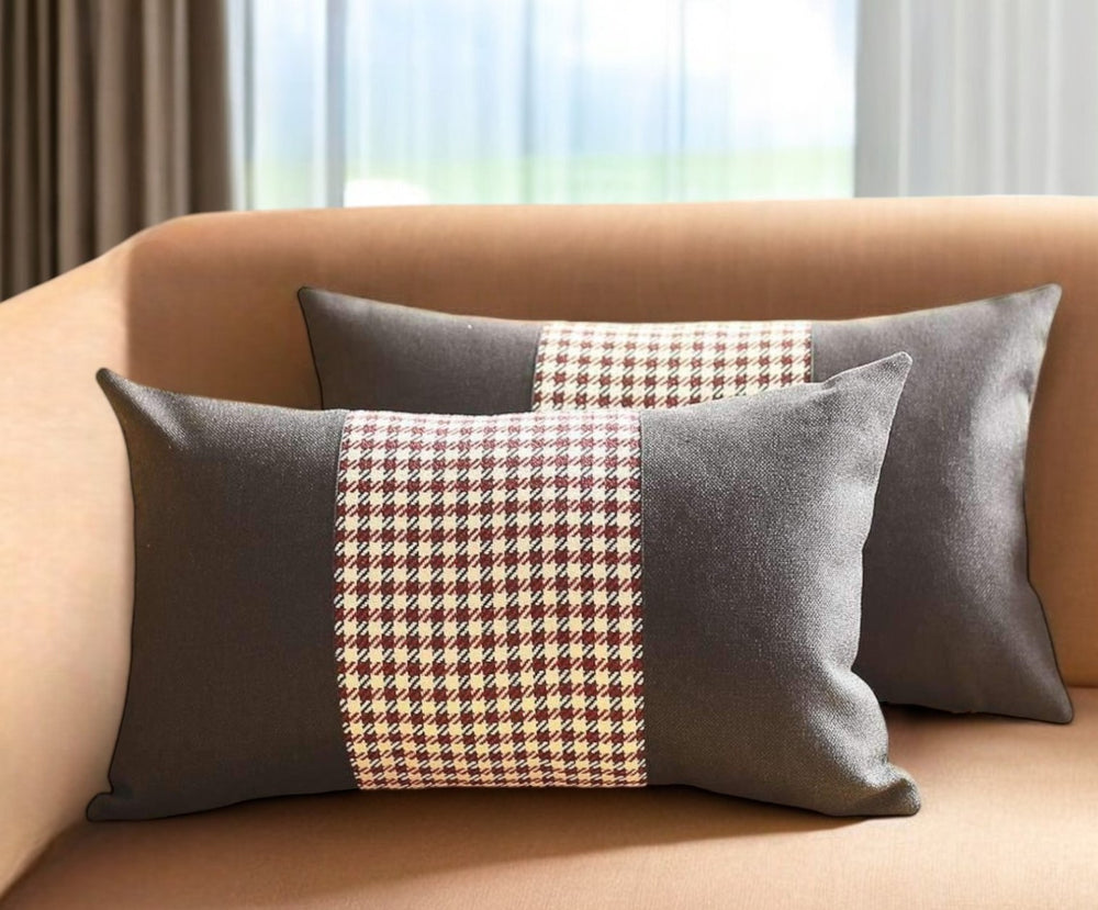 Homeroots Set Of Two 12" X 20" Black Red And White Houndstooth Fabric Lumbar Throw Pillows   471773