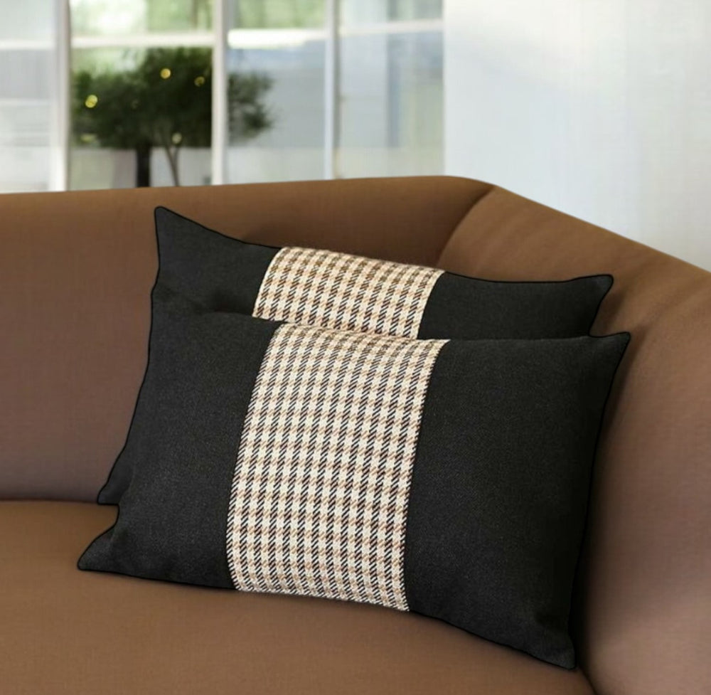 Homeroots Set Of Two 12" X 20" Black Brown And White Houndstooth Fabric Lumbar Throw Pillows   471774