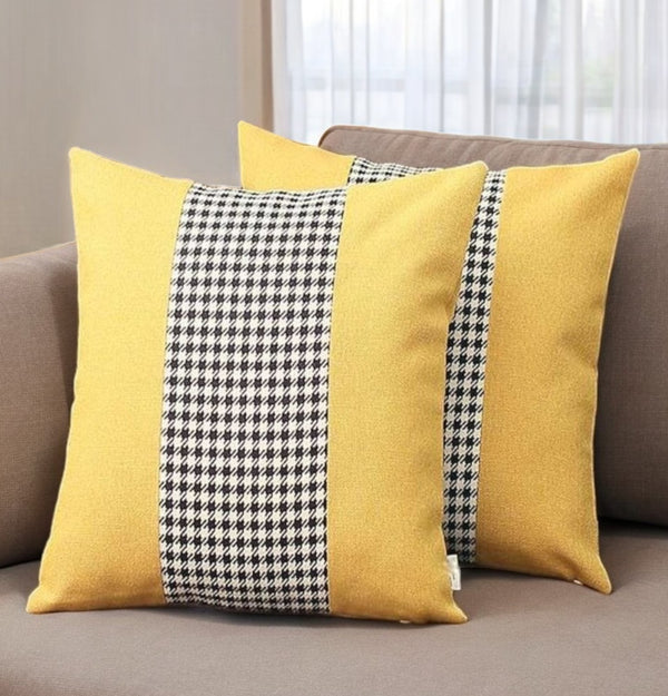 Homeroots Set Of Two 18" Yellow Black And White Houndstooth Fabric Throw Pillows   471777