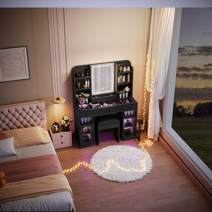 English Elm 43.2" Bedroom Dressing Table with Rgb Lit Glass Cabinets Led Mirror and Charging Station Black N704P407114B