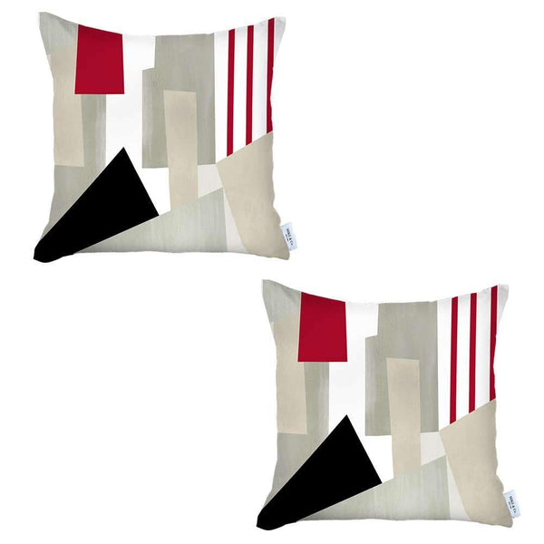 Homeroots Set Of Two 18" X 18" Gray White Black And Red Abstract Zippered Handmade Polyester Throw Pillow   471781