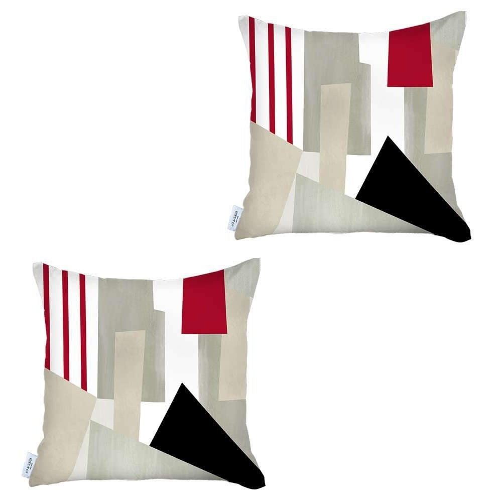Homeroots Set Of Two 18" X 18" Gray White Black And Red Abstract Zippered Handmade Polyester Throw Pillow   471781