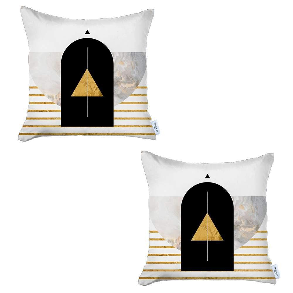 Homeroots Set Of Two 18" X 18" White Black And Gold Abstract Zippered Handmade Polyester Throw Pillow   471784