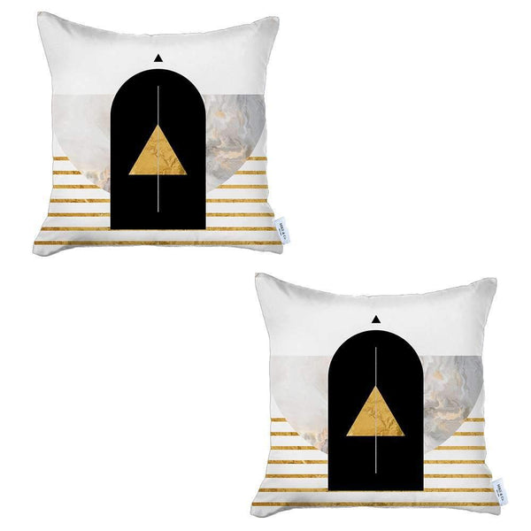 Homeroots Set Of Two 18" X 18" White Black And Gold Abstract Zippered Handmade Polyester Throw Pillow   471784