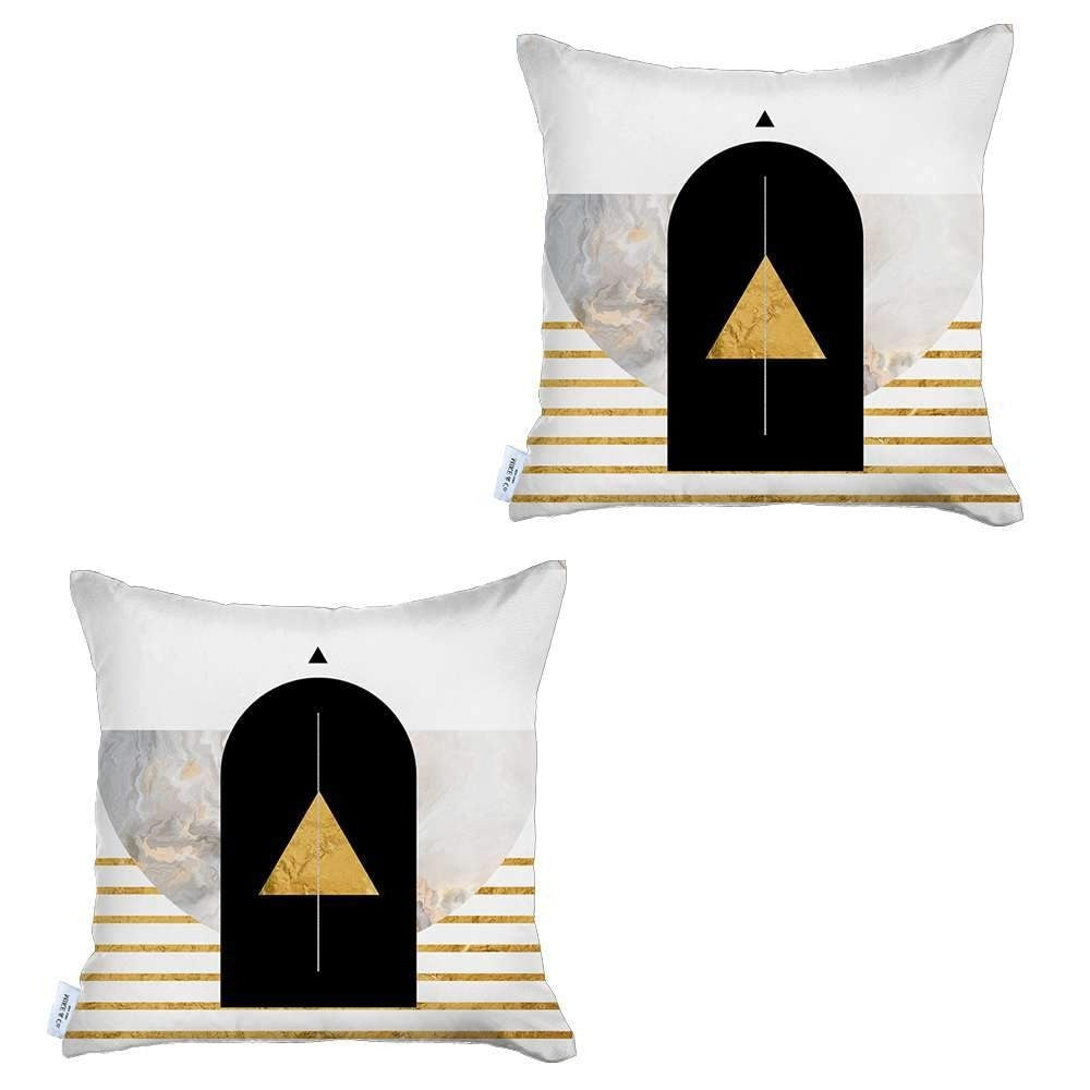 Homeroots Set Of Two 18" X 18" White Black And Gold Abstract Zippered Handmade Polyester Throw Pillow   471784