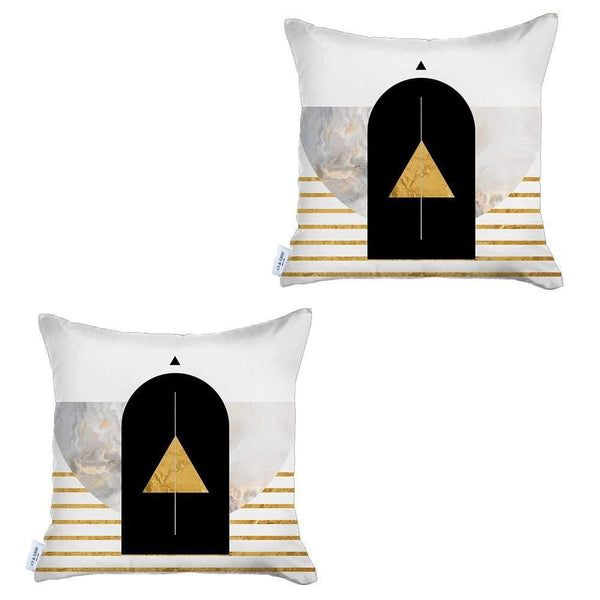 Homeroots Set Of Two 18" X 18" White Black And Gold Abstract Zippered Handmade Polyester Throw Pillow   471784