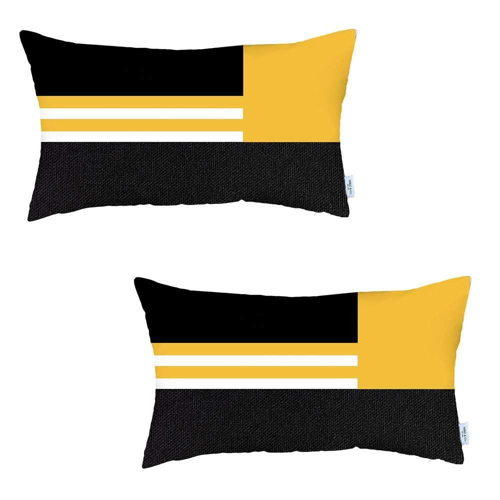 Homeroots Set Of Two 20" X 12" Yellow Striped Zippered Handmade Polyester Lumbar Pillow   471786
