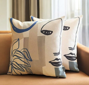 Homeroots Set Of Two 18" Ivory Blue And Gray Abstract Face Fabric Throw Pillows   471793