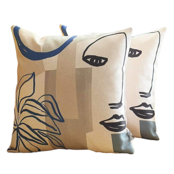 Homeroots Set Of Two 18" Ivory Blue And Gray Abstract Face Fabric Throw Pillows   471793